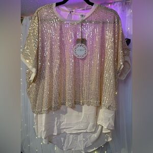 Umgee Shimmering Gold Sequin Blouse Highlow NEW Size Medium